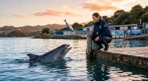 A trainer throwing a fish to a porpoise at a rehabilitation park, illustrating unconditional positive reinforcement versus transactional leadership in workplace feedback.